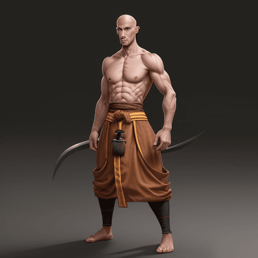 AI generated: Hyper realistic. Battle Monk. Very tall and lean physique. Half-light. Bald. Tanned. Battle ready. 