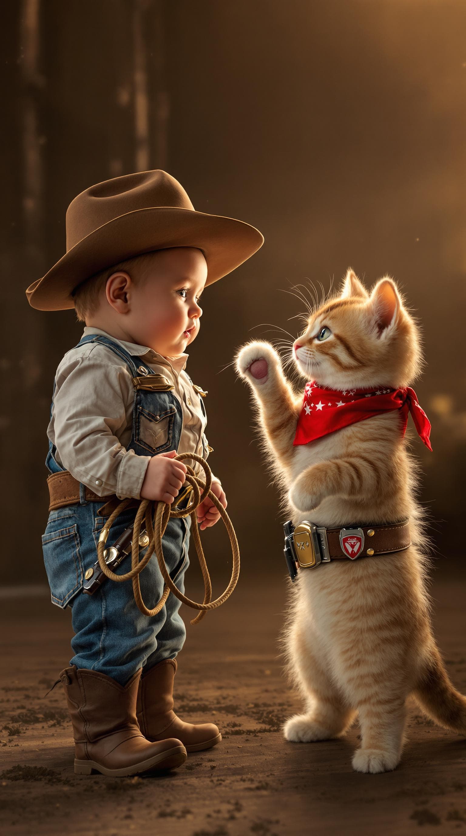 AI generated: A hyper-realistic image of a baby cowboy and a cat dressed as a wild west outlaw, engaged in a playf...