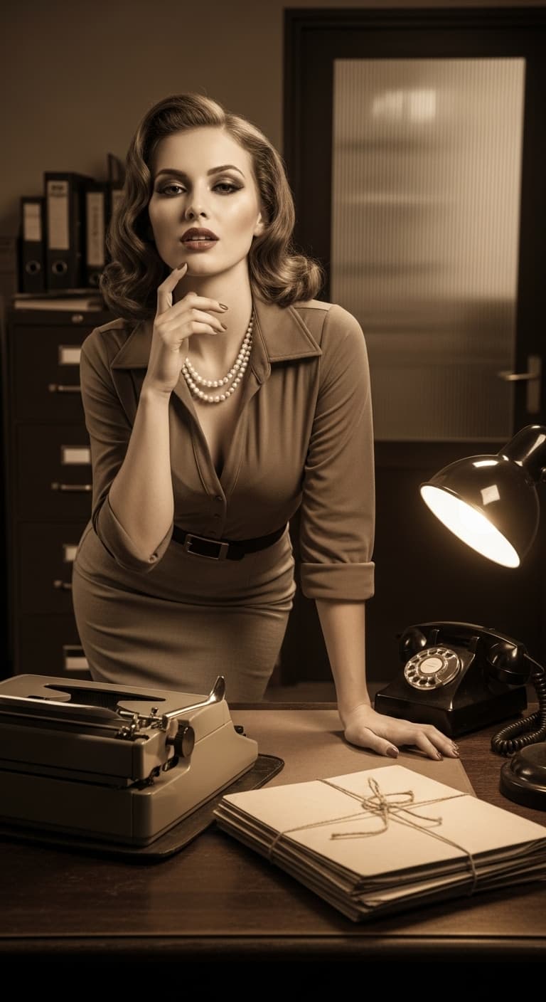 AI generated: a secretary back in time, sepia filter, looking at the camera, being extra playful