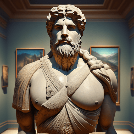 AI generated: a man greek statue in museum, large bear,  high detail. fractal details, depth of field, HOF, hall o...