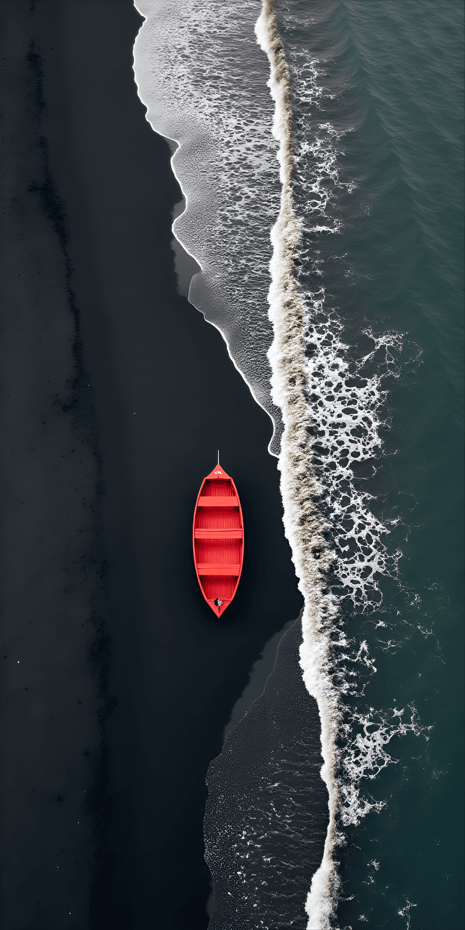 AI generated: small, red wooden boat rests on a dark, volcanic beach.  The boat is centered in the image, position...