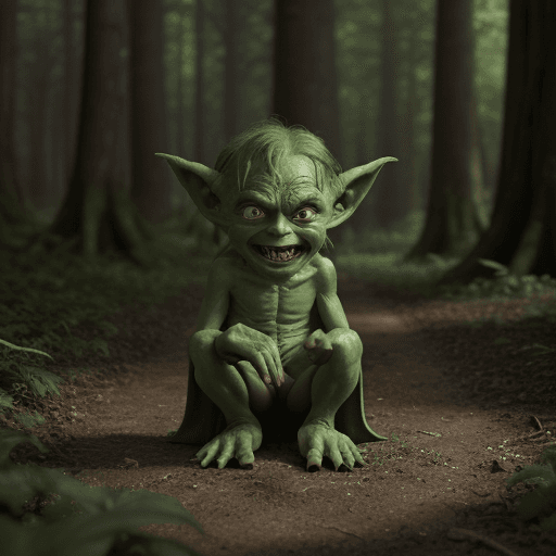 AI generated: a cute little shy green goblin with very big feet in a forest, cinematic light, 4k, photorealistic, ...