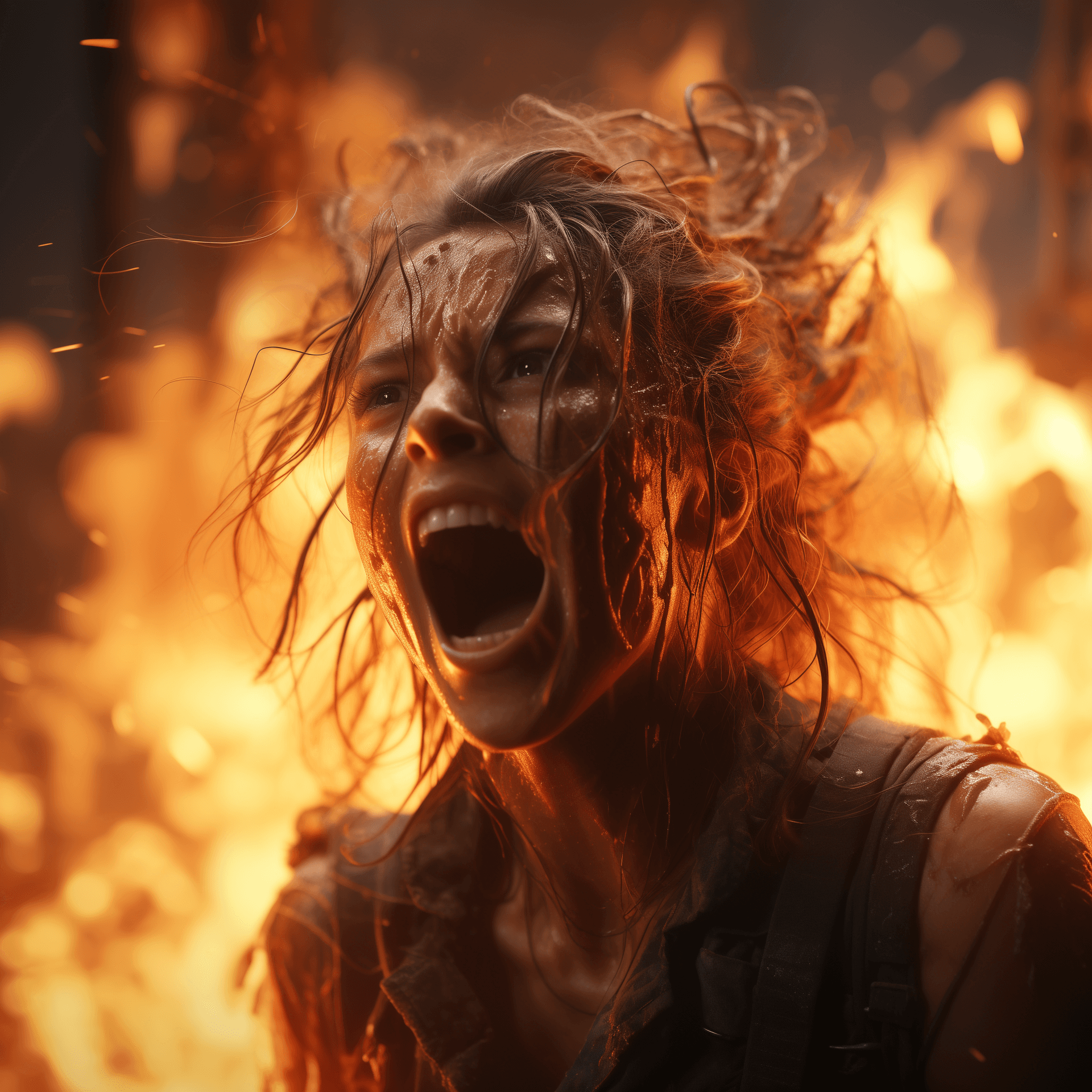 AI generated: A woman screaming, fire everywhere, wailing, horrified look on face, fire is very detailed, woman is...