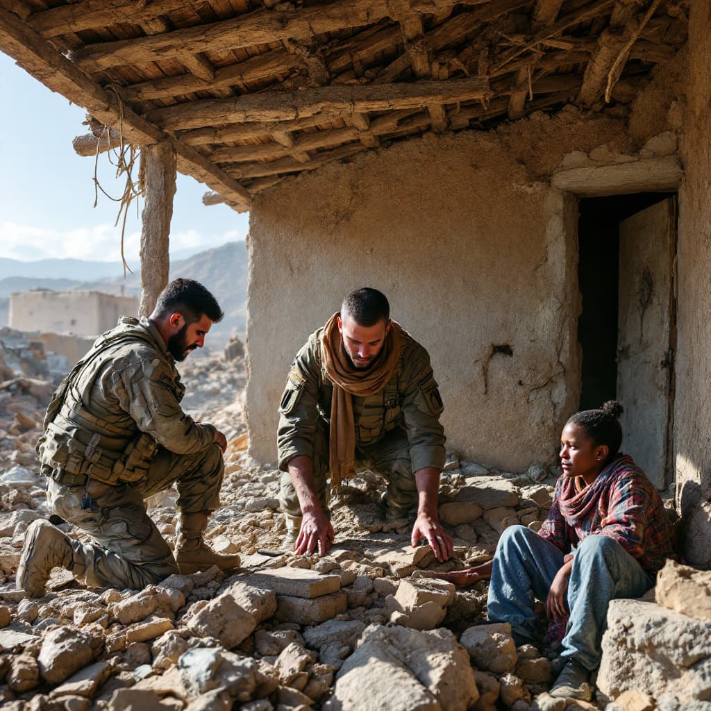 AI generated: Soldiers and civilians rebuilding destroyed villages together, showcasing unity.