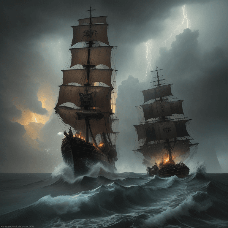 AI generated: oil painting with heavy impasto of a pirate ship after a sea battle, turbulent sea, thunderstorm, ra...