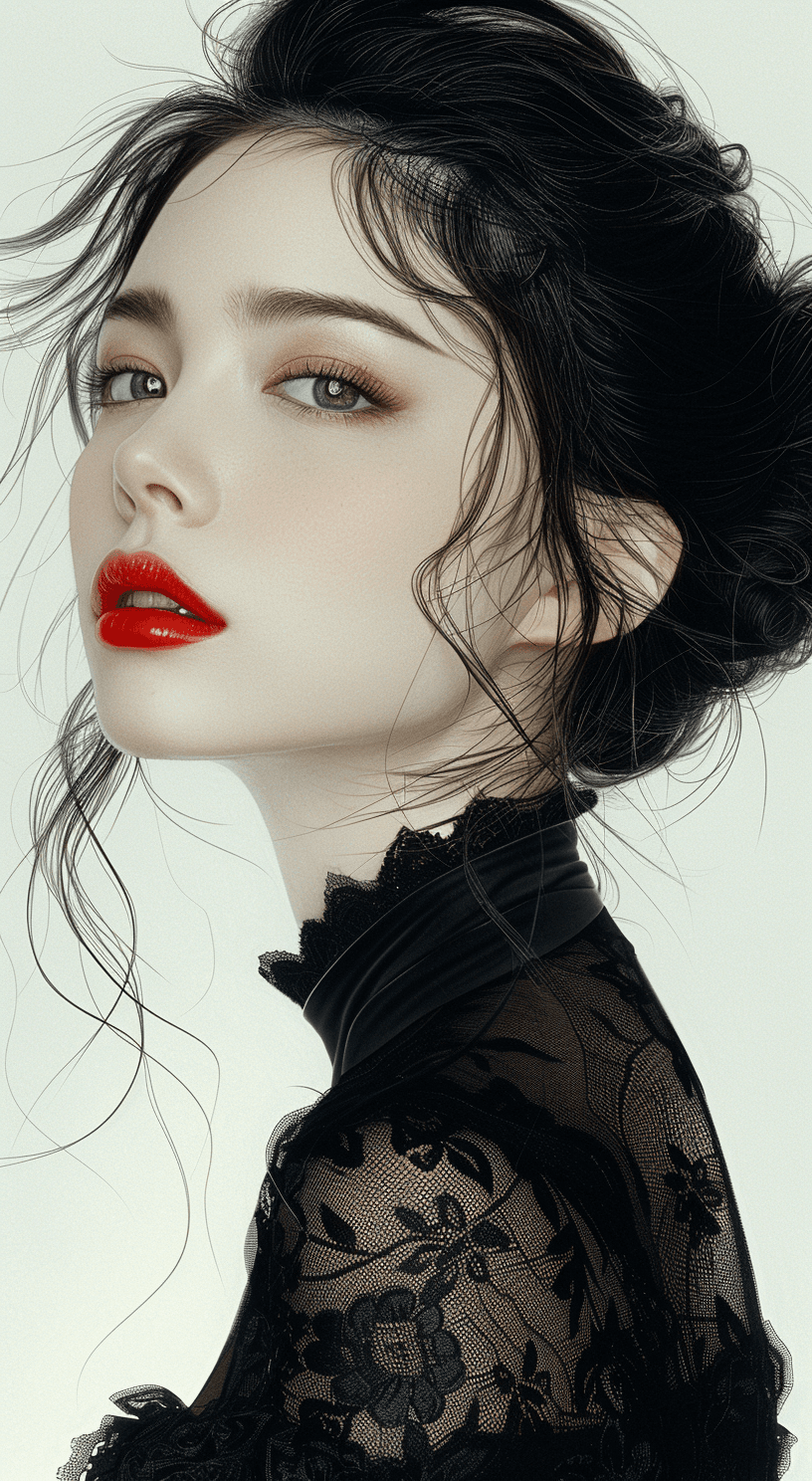 AI generated: Chinese ink style portrait of Chinese photographer Zhang Jingna, wearing a black dress and red lipst...