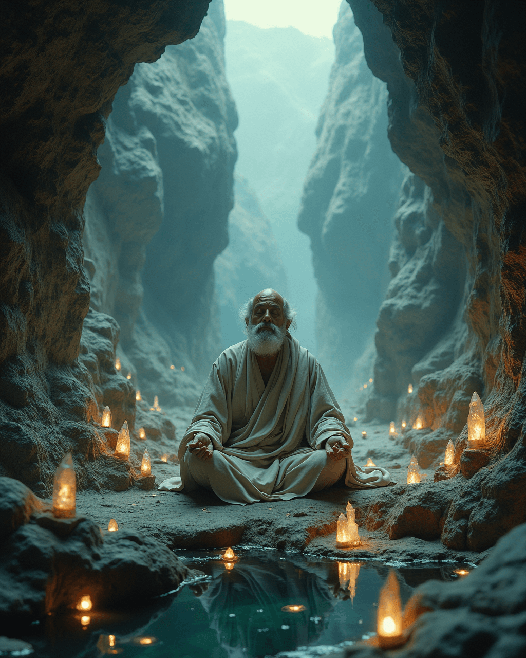 AI generated: A photorealistic image of Sigmund Freud as a wise mystic meditating in a sacred cave deep within a m...