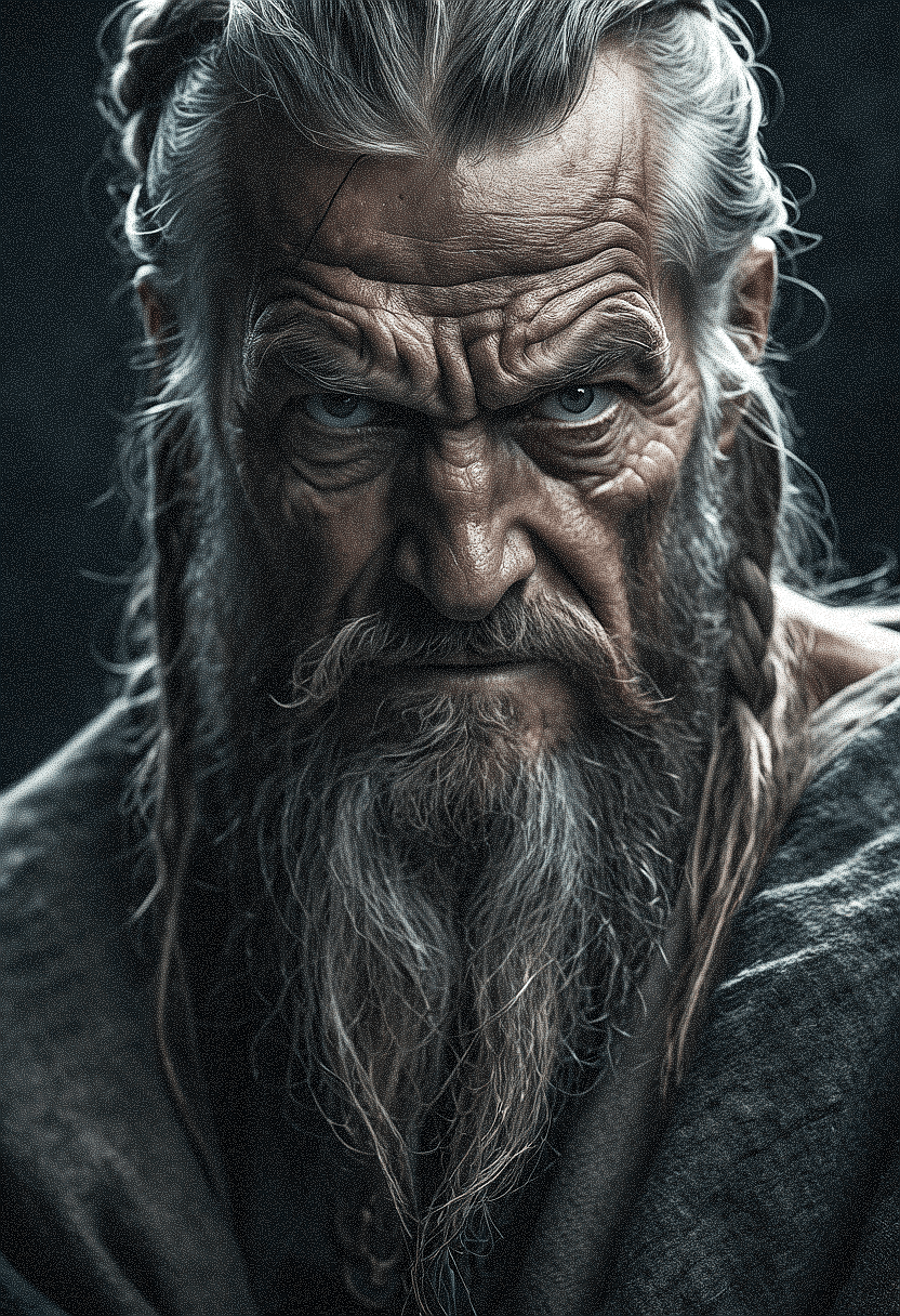 AI generated: The image features an older man, a long white beard and mustache,  He has a stern expression, giving...