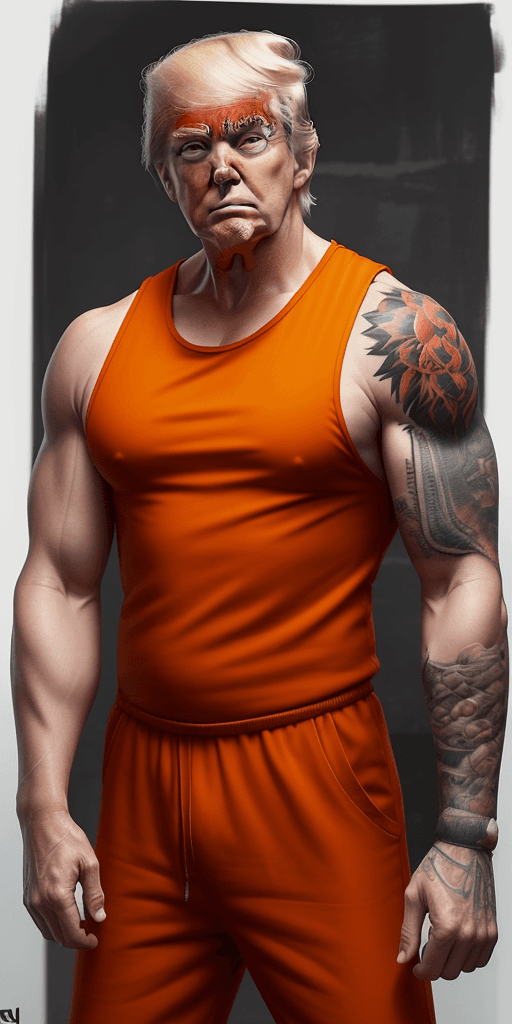 AI generated: Trump in sleeveless orange prison jumpsuit, muscular, tattoo of the word "REVENGE" on arm, ((best qu...