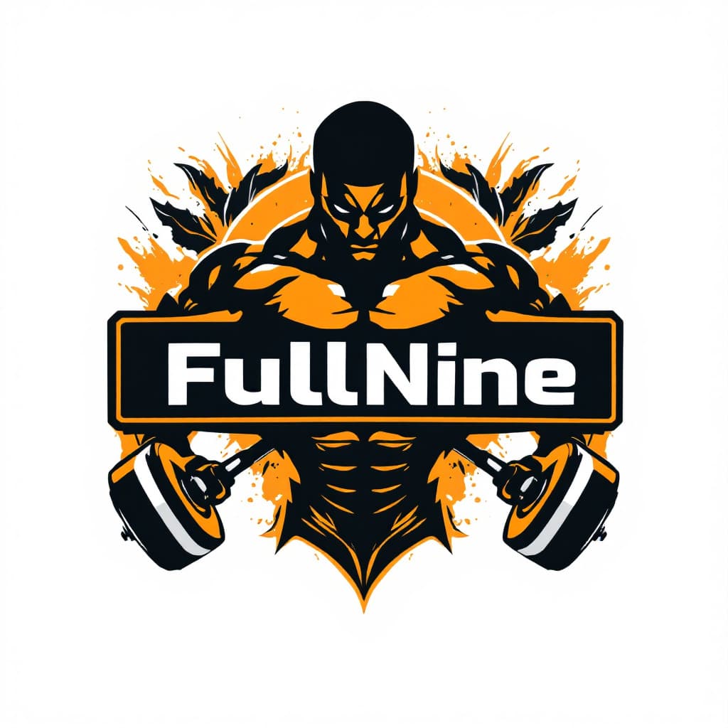 AI generated: logo for a gym with the name FullNine in the middle of the logo. The colors have to be black, orange...