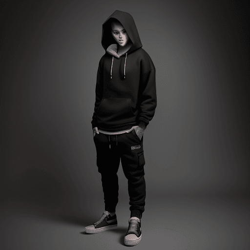 AI generated: capturing a model, man wearing basic hoodie, matte black, dark grey cargo jogger pant, skate shoes, ...