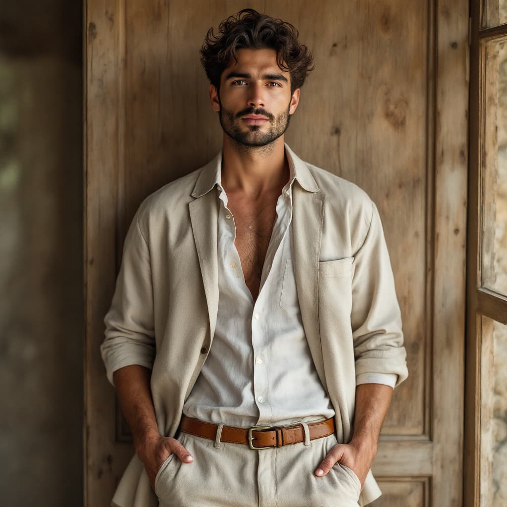 AI generated: https://s.mj.run/R07woSegYRM a 35 years old Mediterranean, dark hair, male model dressed in linen cl...
