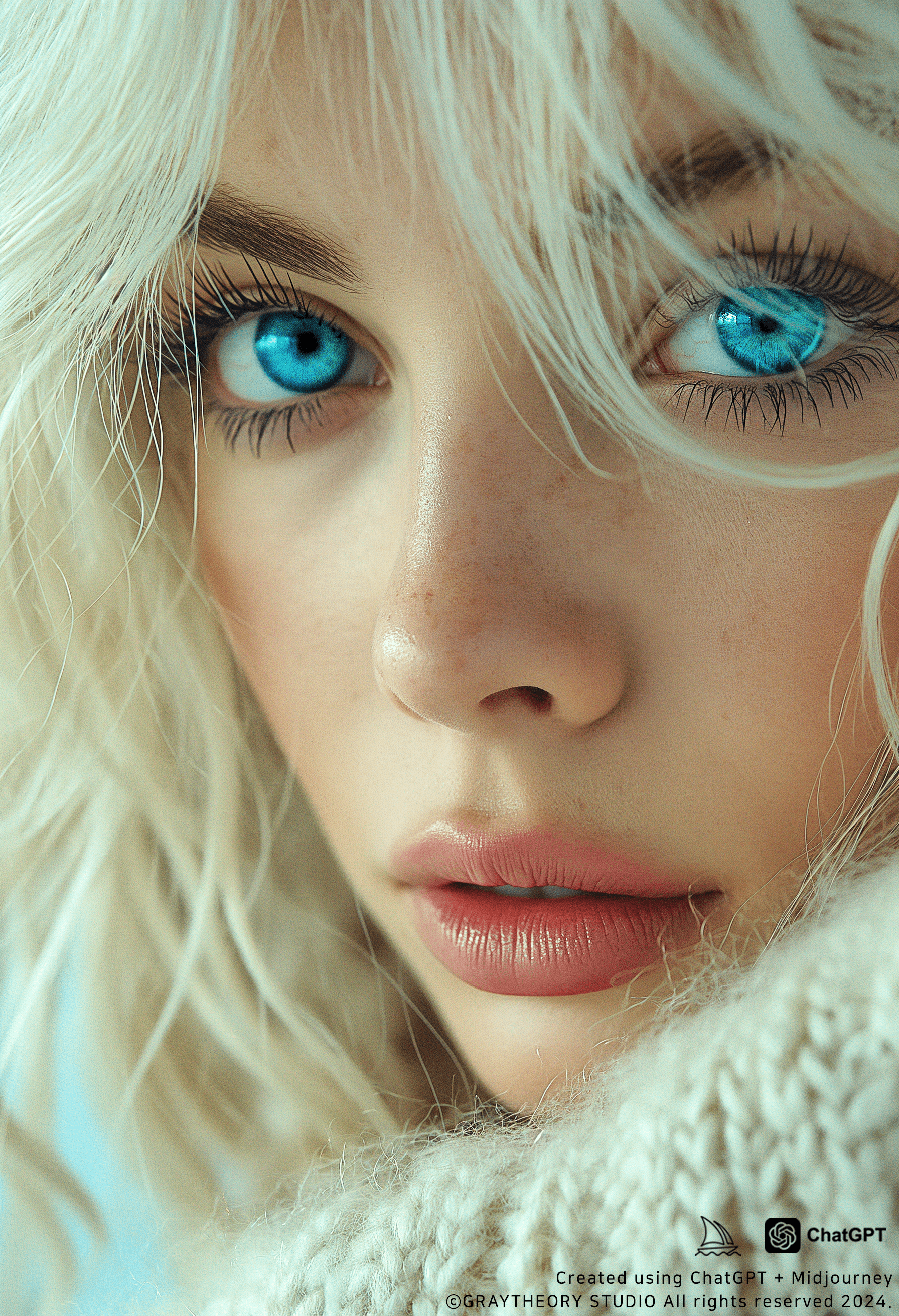 AI generated: photo featuring a girl model, blondy color hair, 300mm f/5. 8, light silver and white, optical, soft...