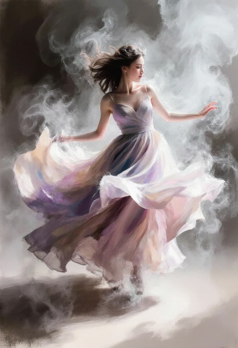 AI generated: A graceful woman stands amidst a whirlwind of smoke, her form captured in a timeless portrait. The f...
