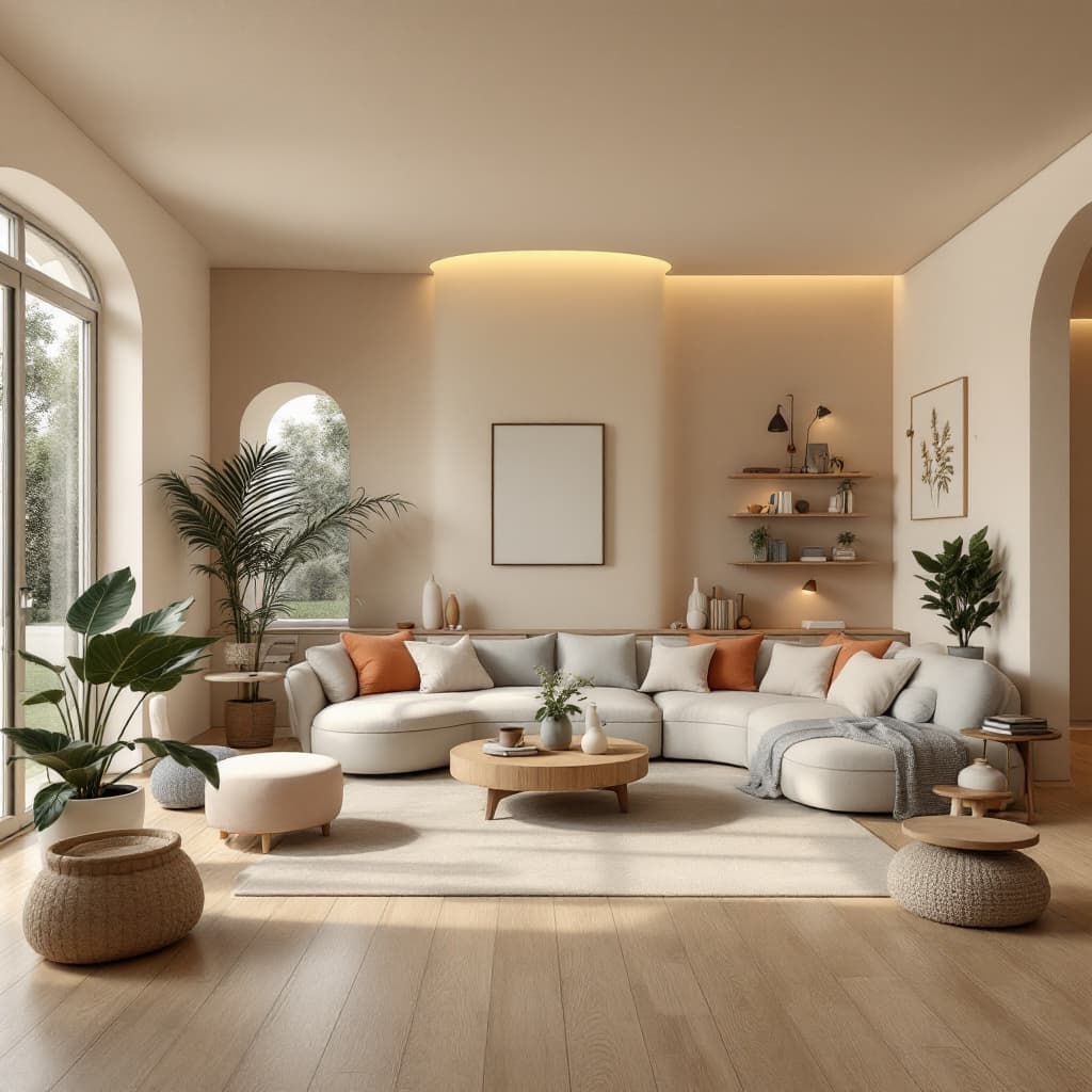 AI generated: High resolution photography interior design, dreamy sunken living room conversation pit, wooden floo...