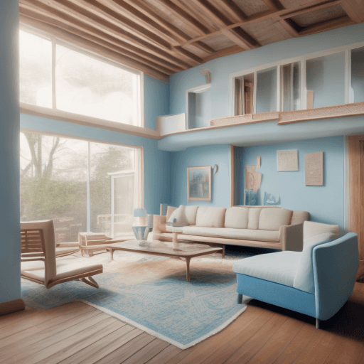 AI generated: High resolution photography interior design, dreamy sunken living room conversation pit, wooden floo...