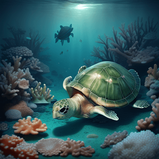 AI generated: a deeper dreamy little boat wreck, one lightly dreamy baby green turtle floating and looking at us, ...