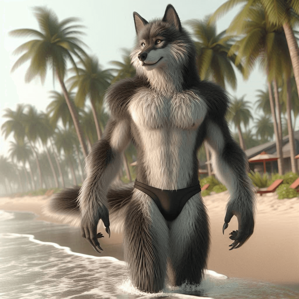 AI generated: A long-furred wolf man in a swimsuit on a beach with palm trees, cinematic high quality 3D CGI anima...