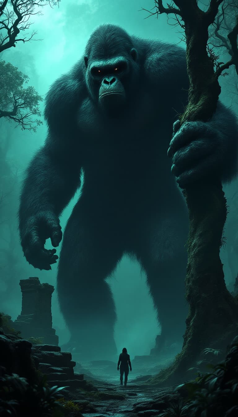 AI generated: A colossal Gigantopithecus standing alone in a dark, misty prehistoric jungle. Its full body is visi...