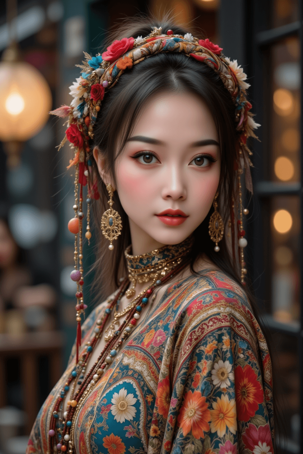 AI generated: an eclectic 20 years old chinese woman with vivid colourful makeup, posing, wearing bohemian clothin...