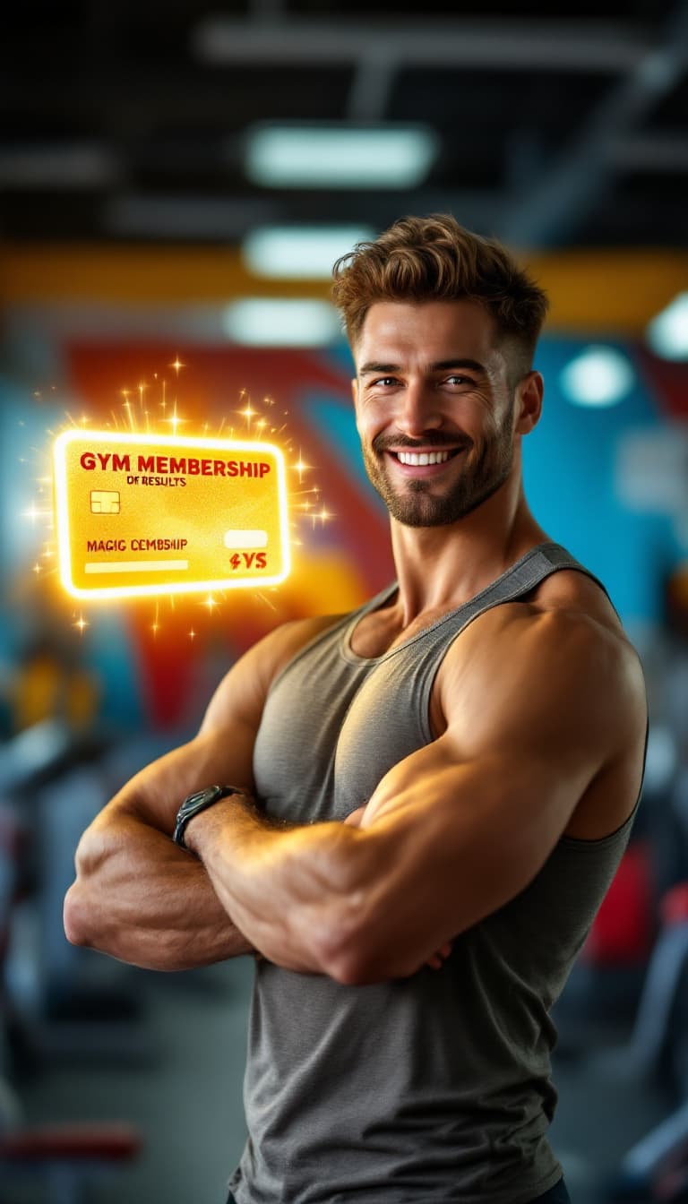 AI generated: A fit, confident man in a gym, standing tall with his arms crossed, smiling as if he has everything ...