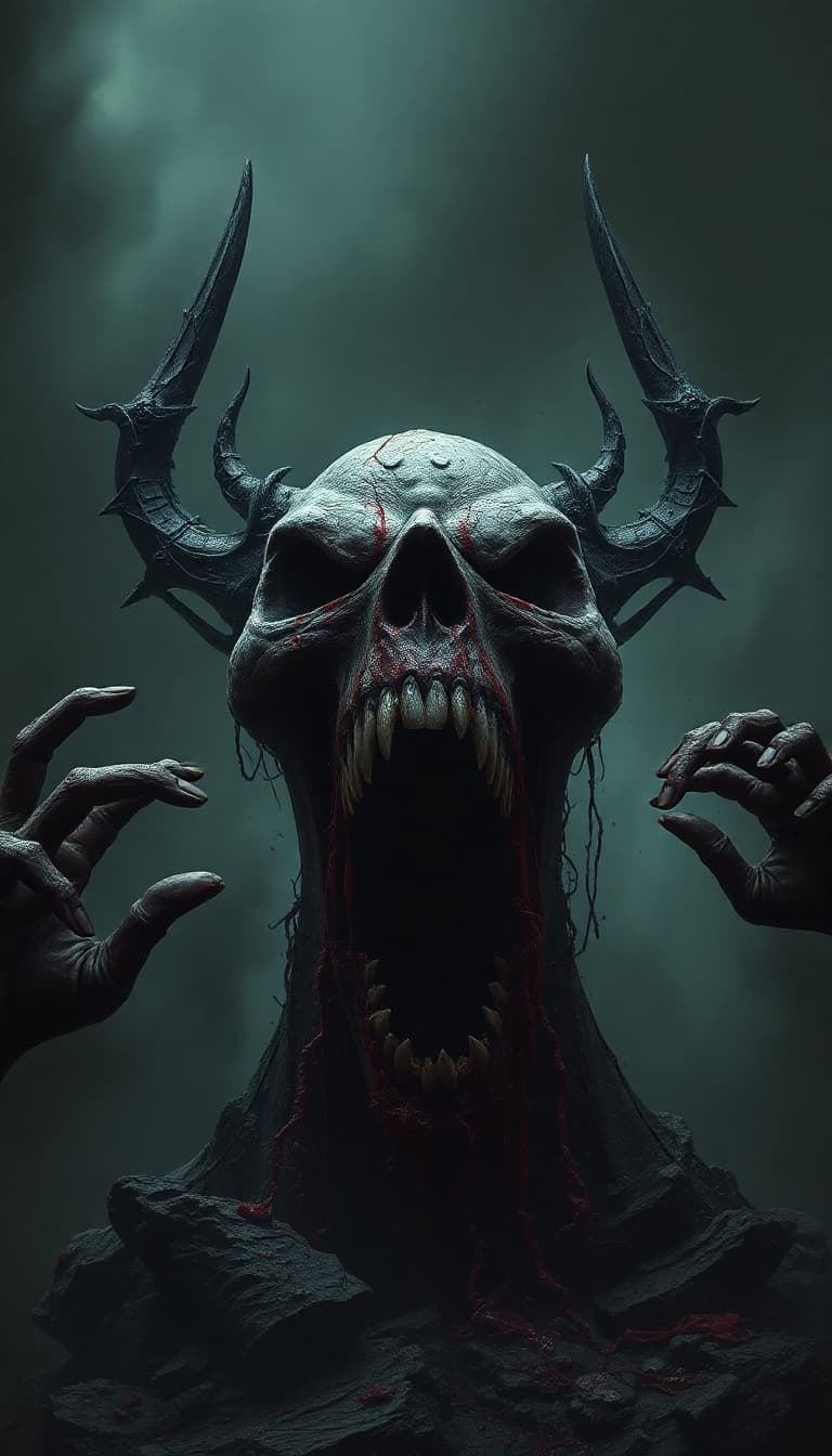 AI generated: 3D, fear, brutal, evil composition showing the terror of war, cries and gore, gloomy background, dar...