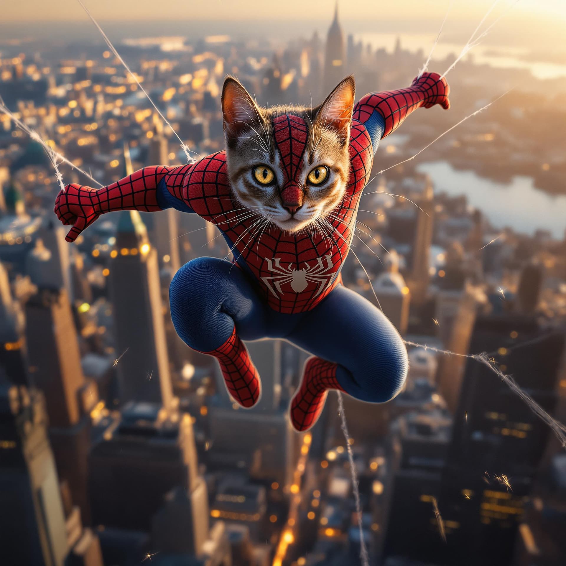 AI generated: the amazing spidercat, superhero, cat dressed in spiderman costume flying over new york city with hi...