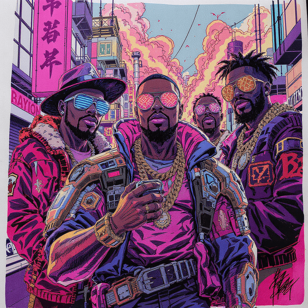 AI generated:  Afropunk, street art, cartoon art, squad of middle age steam punk gangstas, brothers, family, love,...