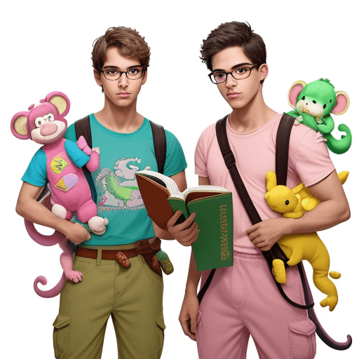 AI generated: Generate an image that represents two twin brothers of Latin origin. One of them must wear glasses a...