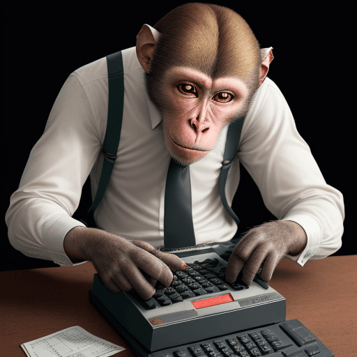 AI generated: Anthropomorphic Rhesus macaque, doing calculations with a Hispano Olivetti Model Multisuma 20 calcul...