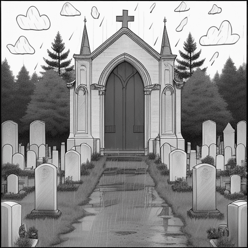 AI generated: Cemetery coloring page, tombstones in a cemetery, on a rainy afternoon, in the background a church, ...