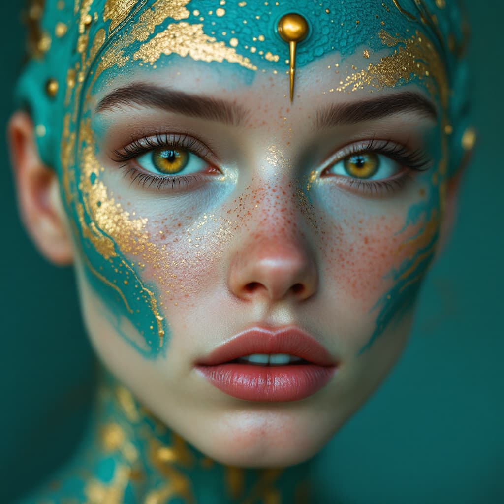 AI generated: Close-up portrait of a young adult, likely female, with a futuristic, otherworldly appearance.  Intr...
