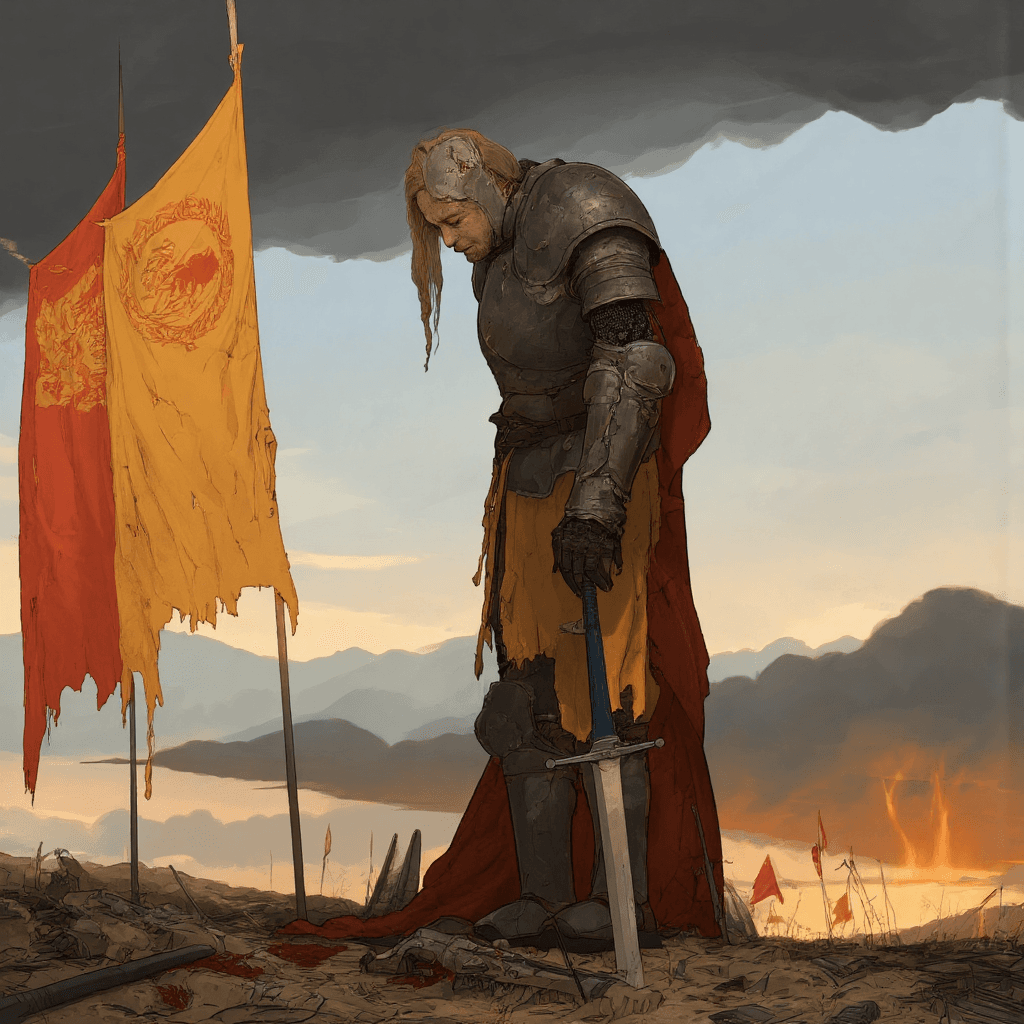 AI generated:  A weary and sorrowful knight stands amidst the devastation of a battlefield, his battle-damaged arm...