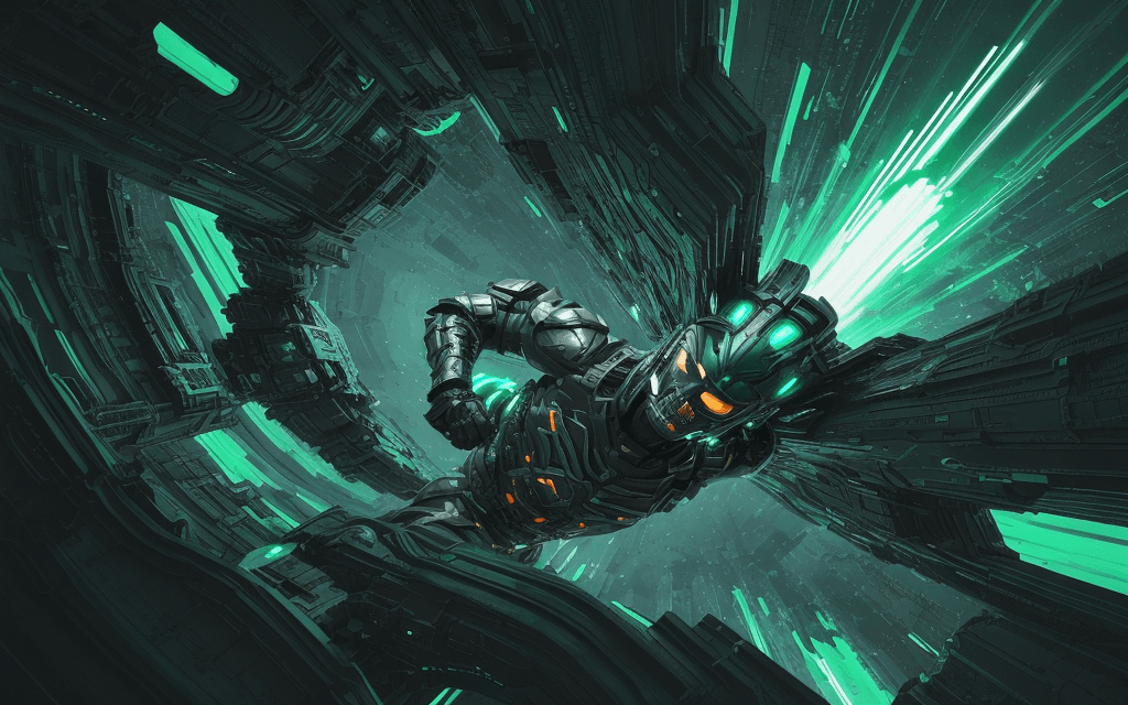 AI generated: brutal man warrior falling into a hole, looking sky, inspired by Mike Winkelmann, futuristic, metall...