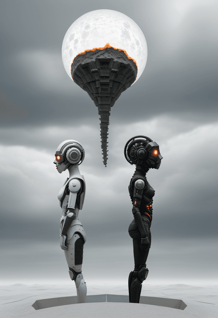 AI generated: two dystopic people with unusual head,  and stand in an open landscape with a cloudy sky, white envi...