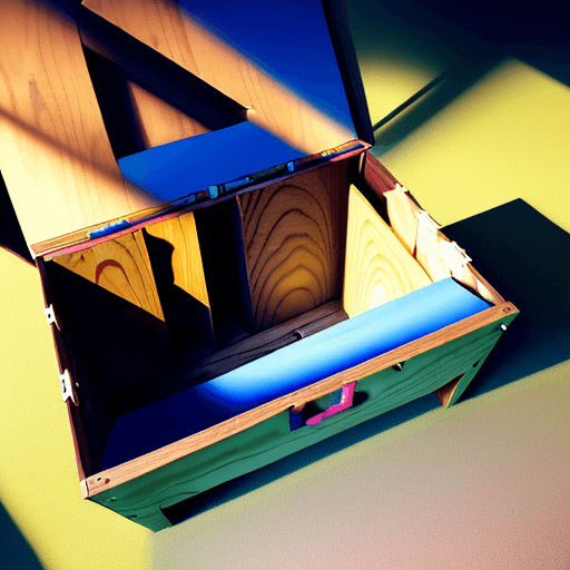 AI generated: view from above of an empty wooden toy box with the lid open.   Rays of sunshine. cinematic, hyper r...