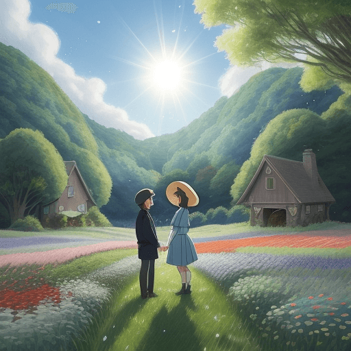 AI generated: Ghibli style field with flowers where couples are standing, blue sky with star falling from it, litt...