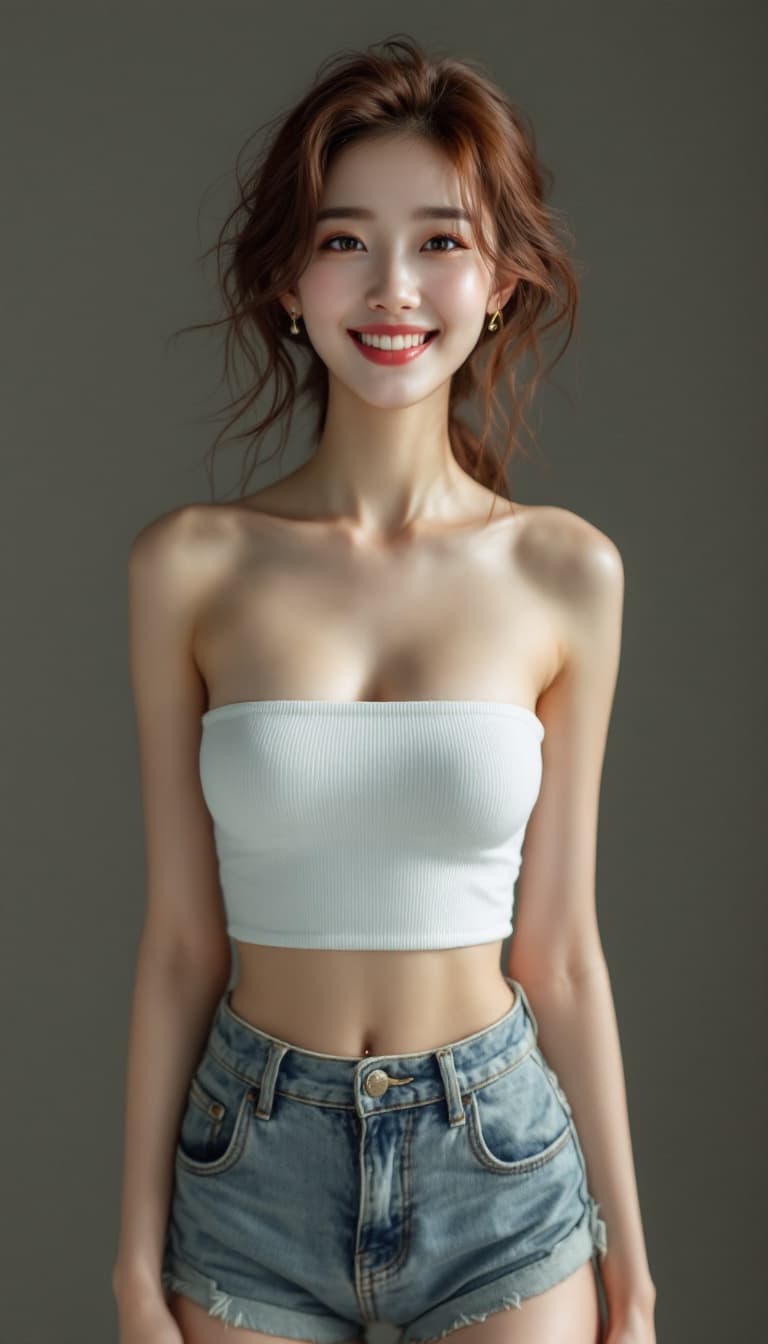 AI generated: korean, whole body, perfect face, perfect skin, flawless skin, smile, tube top, short pants, highly ...