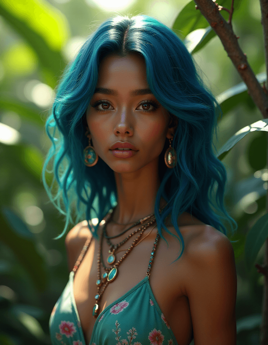 AI generated: fashion photography portrait of indian girl with blue hair, in lush jungle with flowers, 3d render, ...