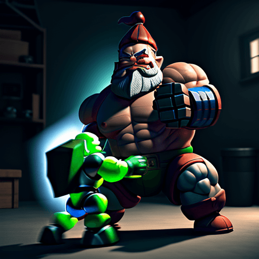 AI generated: a very muscular gnome fighting a robot, hyper realistic, 8k, volumetric lighting, 3D 