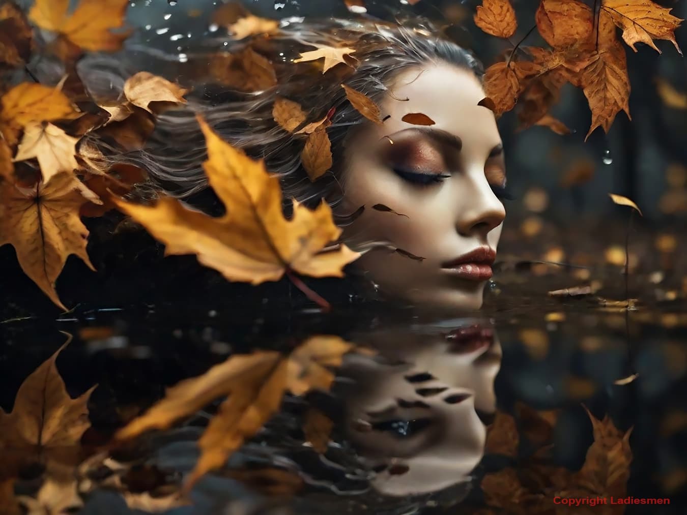 AI generated: reflection of an empty soul during autumn, leafs falling and wind blowing, Tenebrism style