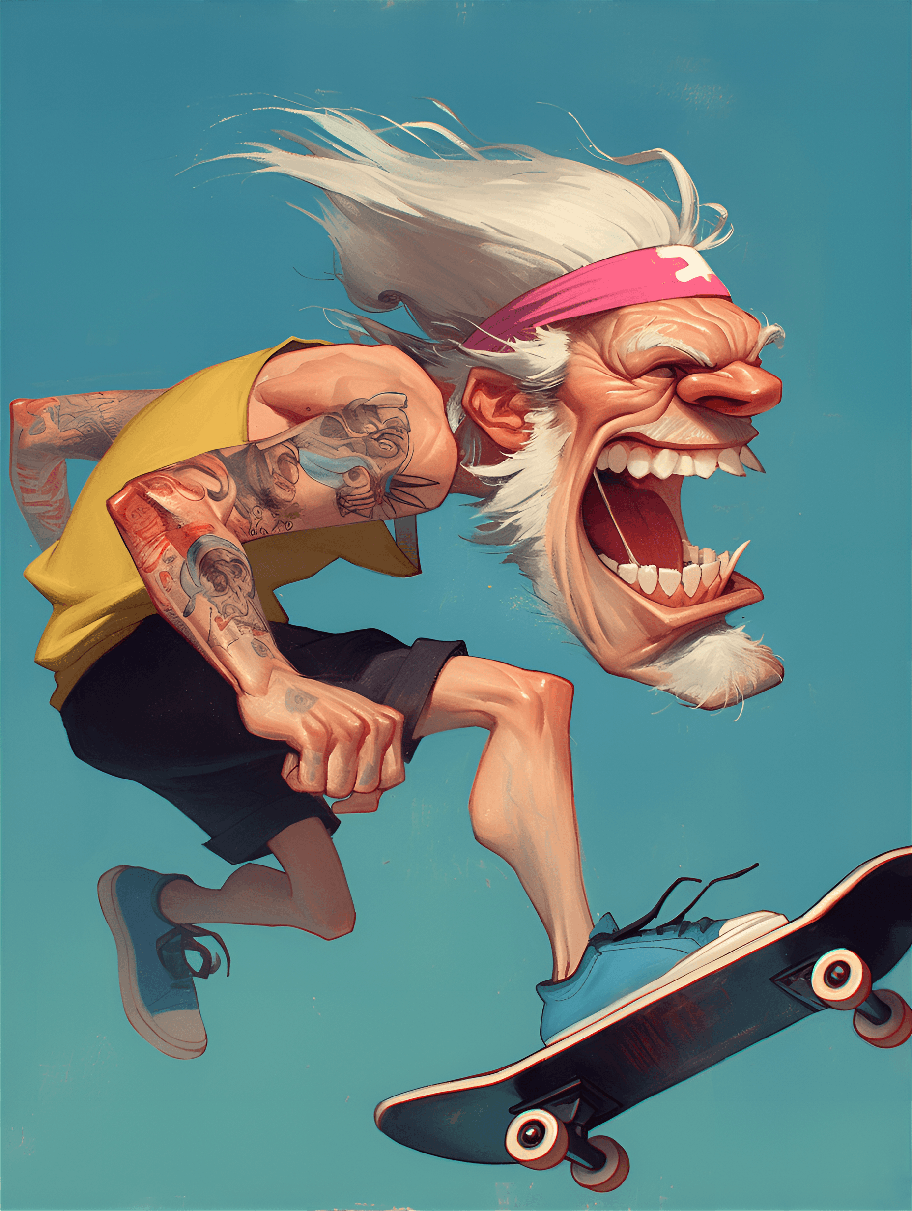 AI generated: funny caricature, rebellious elder punk caricature, elderly caucasian male, 70 years old, tattooed s...