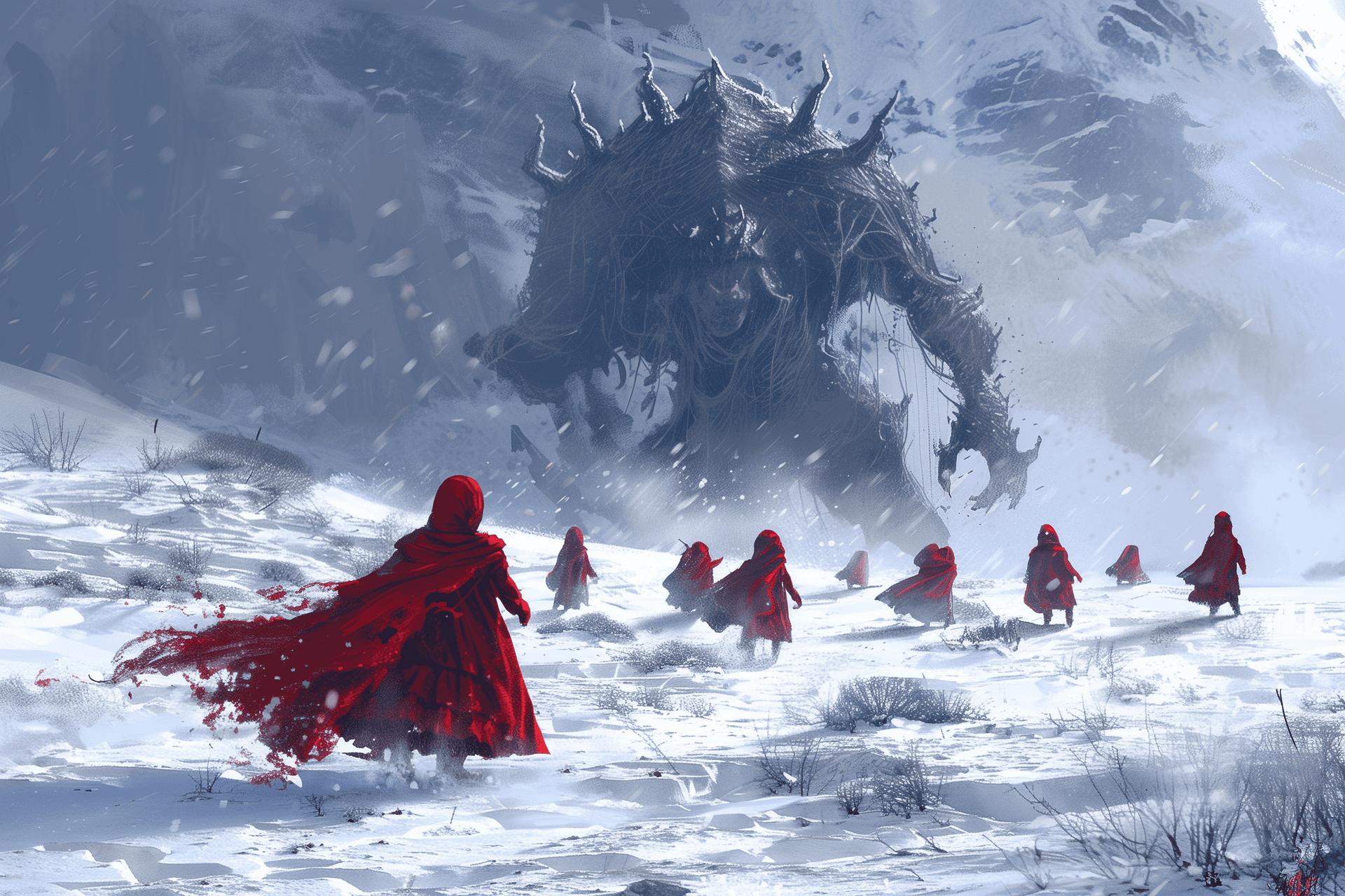 AI generated: A group of children in winter with long red cloaks and small horns on their heads, playing on the sn...