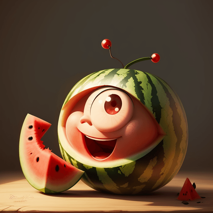 AI generated: A happy cartoon watermelon fruit, Pixar Style, perfect composition, 8k artistic photography, photore...