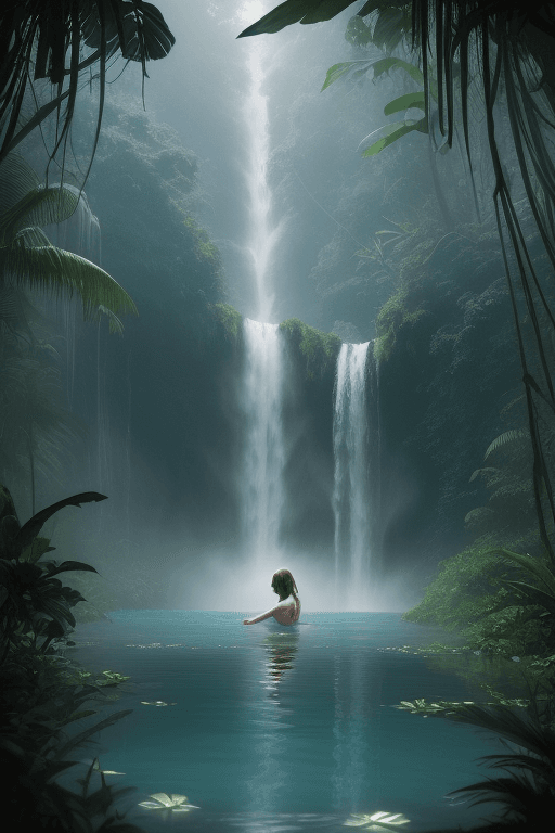 AI generated: visual stunning photo of a woman swimming in a lake by a waterfall in the jungle, mist, volumetric l...