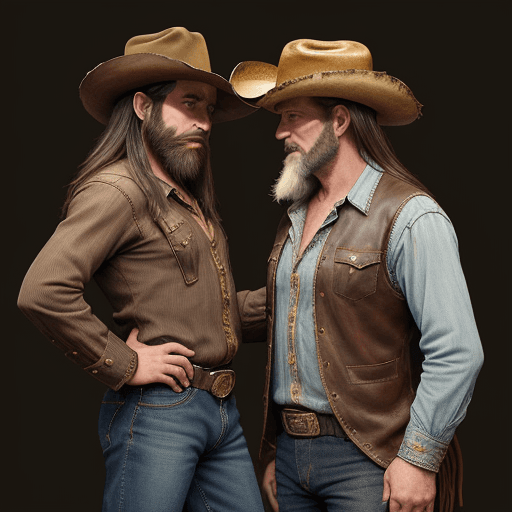 AI generated: Cowboy man with boots and hat showing himself to another cowboy who looks at him surprised. The boot...