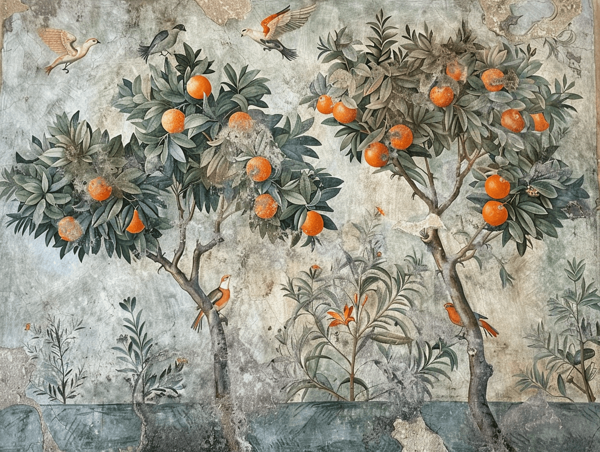AI generated: A fresco depicting an orange tree in the garden of ancient Rome, with small birds perched on its bra...