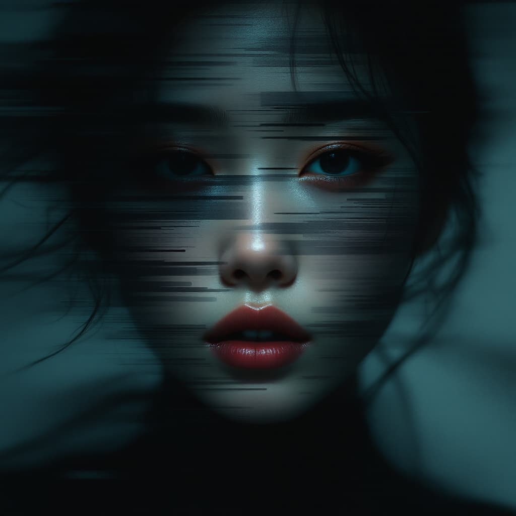AI generated: A young Asian woman's face is covered with glitch effects, blurred in motion, surrounded by black ab...