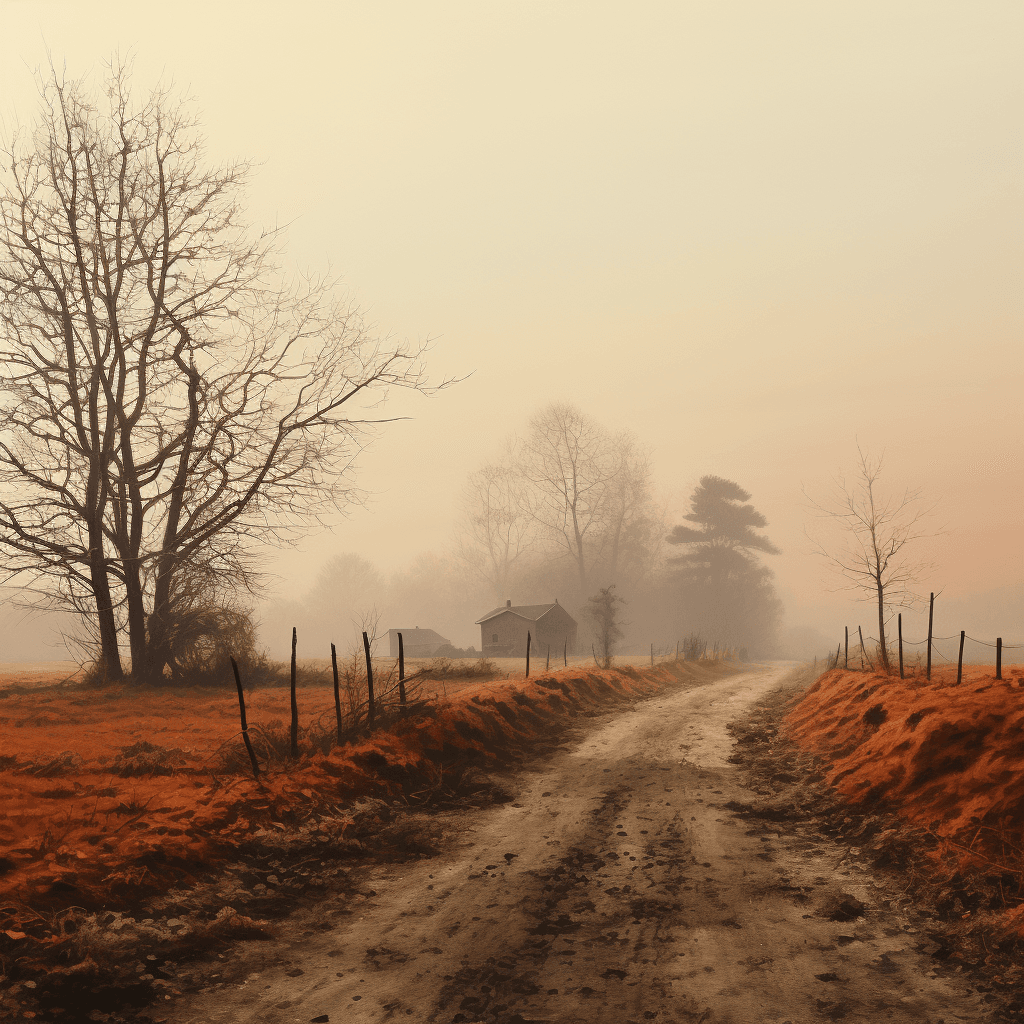 AI generated: a rural scene and some trees, in the style of mist, wimmelbilder, red and amber, rollei prego 90, ph...