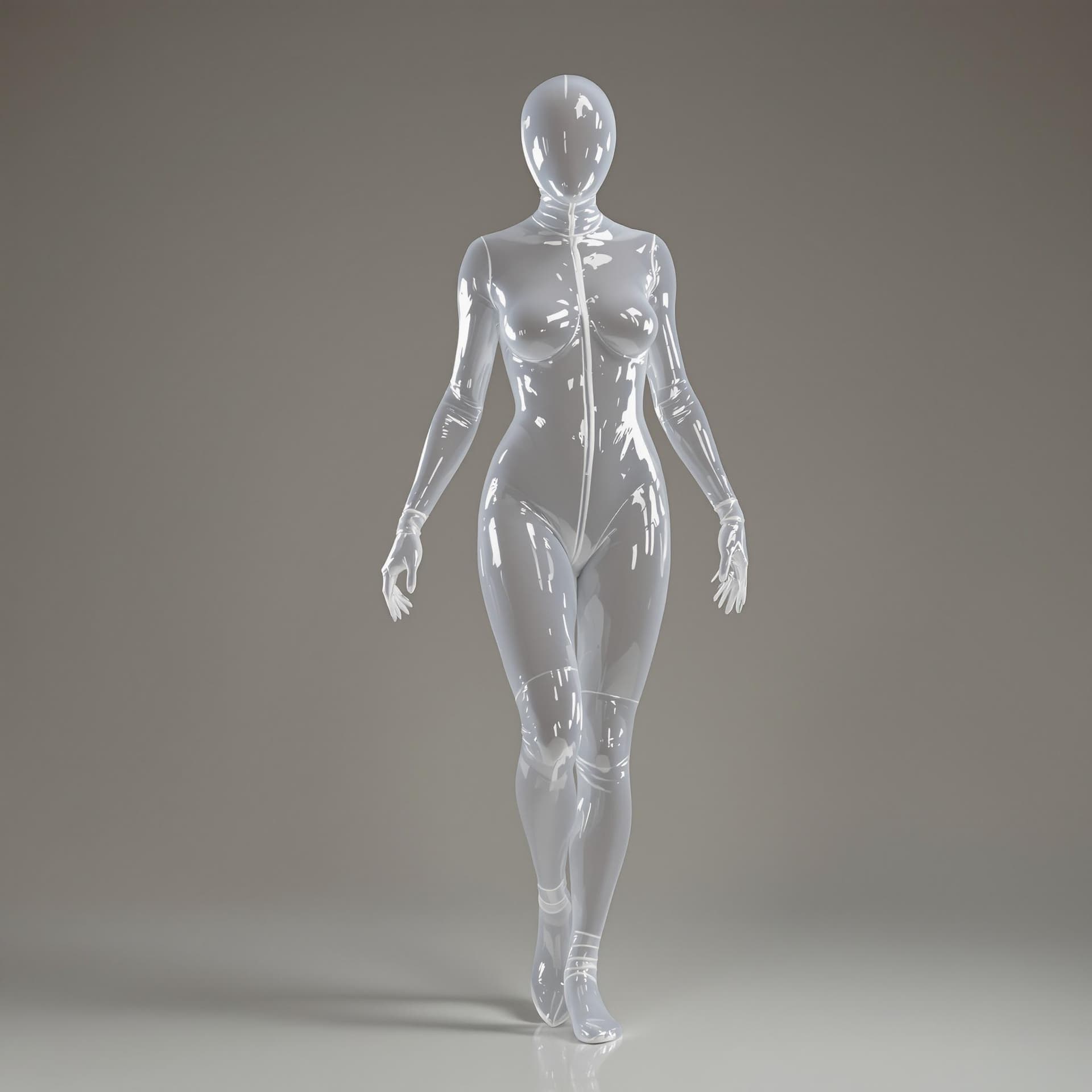 AI generated: intimate model, in transparent latex catsuit, in a neutral background, full body
